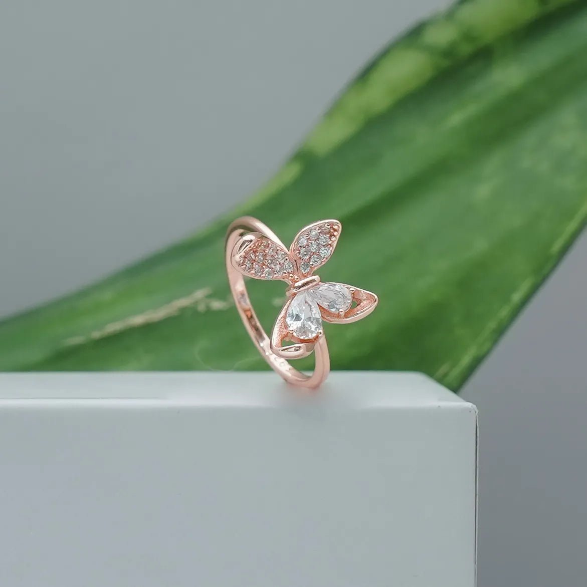 925 Silver Rose Gold Diamond Butterfly Ring - 925 sterling silver ring by Tassya Silver