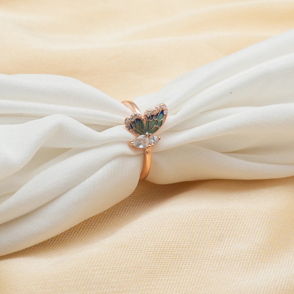 925 Silver Rose Gold Green Butterfly Enamel Ring - 925 sterling silver ring by Tassya Silver