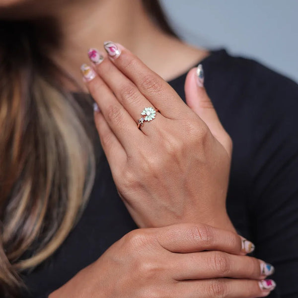 925 Silver Rose Gold Green Daisy Bee Ring