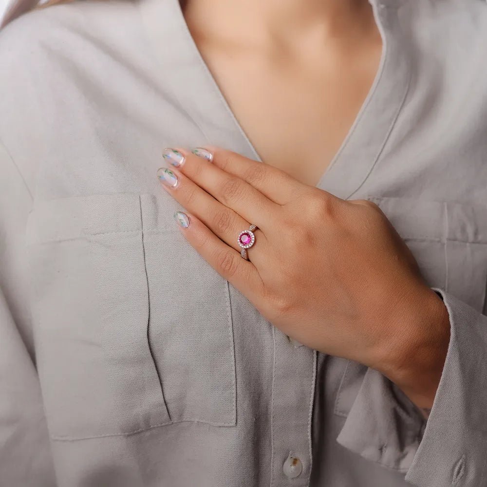 925 Silver Rose Gold Ruby Halo Ring - 925 sterling silver ring by Tassya Silver