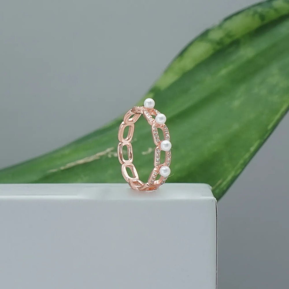 925 Silver Rose Gold Elegant Pearl Link Ring - 925 sterling silver ring by Tassya Silver