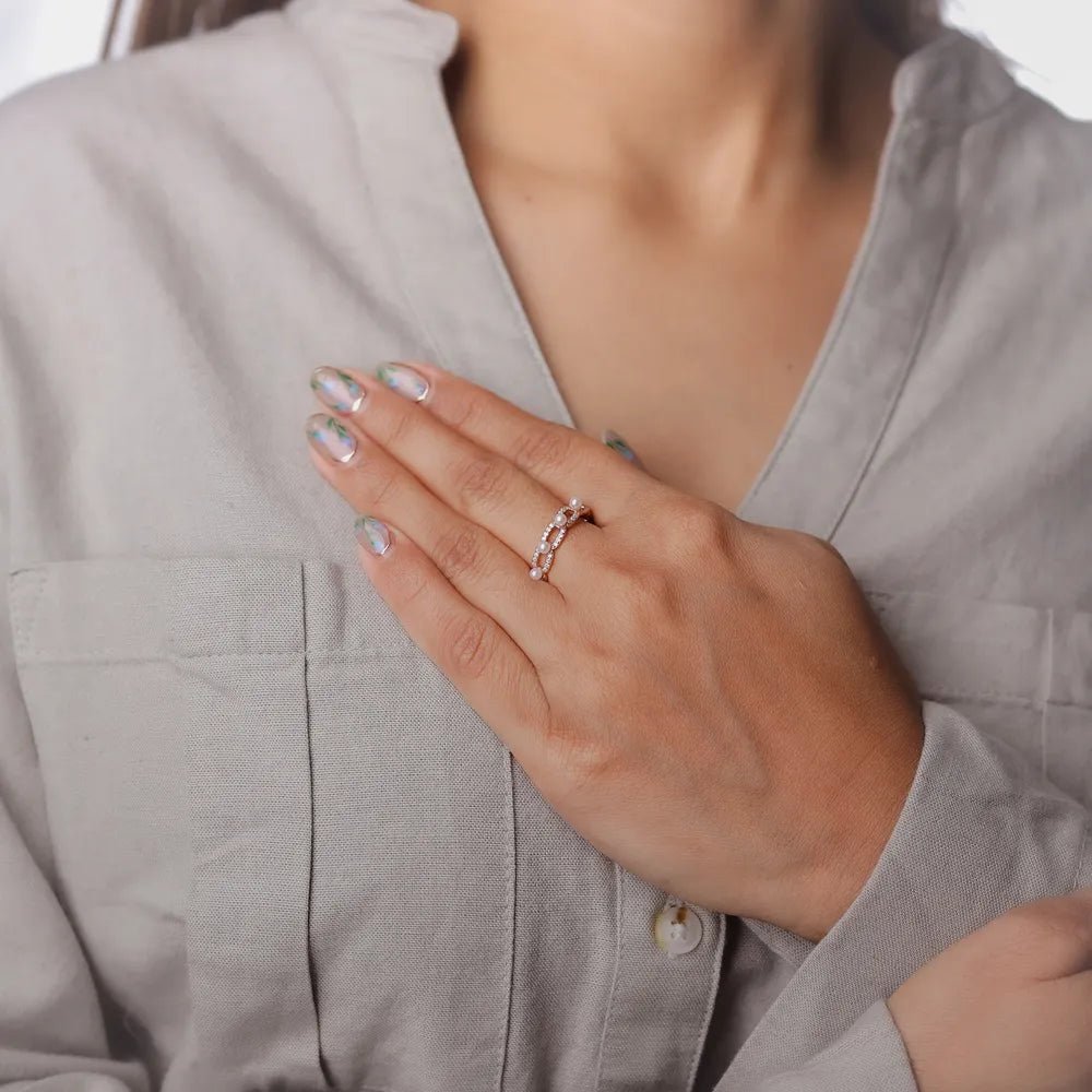 925 Silver Rose Gold Elegant Pearl Link Ring - 925 sterling silver ring by Tassya Silver