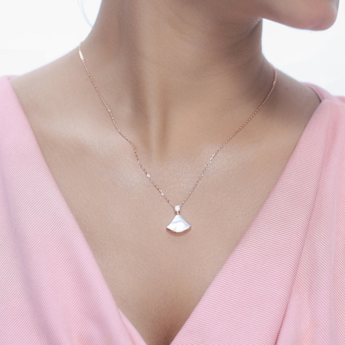 925 Silver Rosegold Pearl Fan Elegance Chain Pendant - 925 sterling silver pendant by Tassya Silver