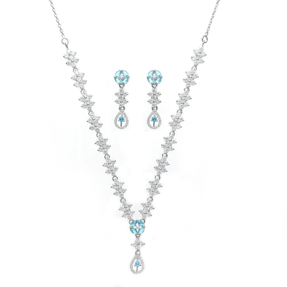 925 Silver Sea Blue Diamond Necklace Set - 925 sterling silver necklace by Tassya Silver