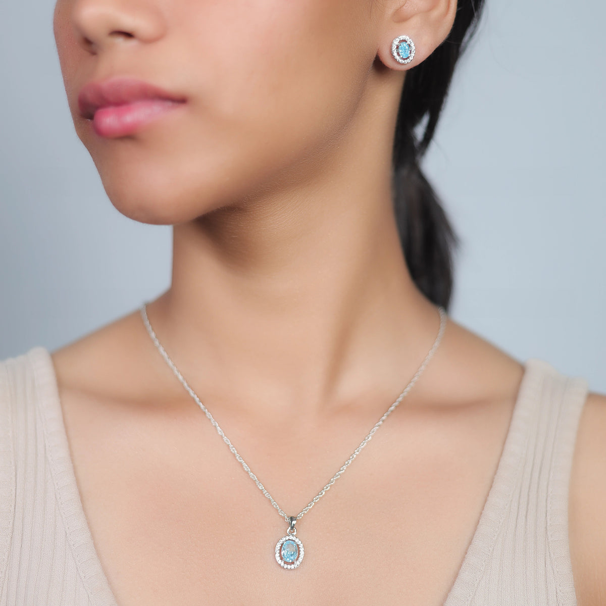 925 Silver Aquamarine Oval Halo Set - 925 sterling silver jewellery set by Tassya Silver
