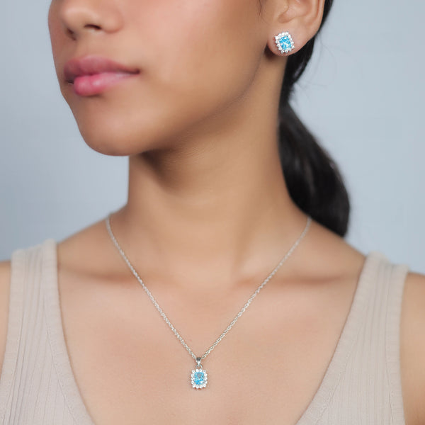 925 Silver Aquamarine Radiant Cut Halo Set