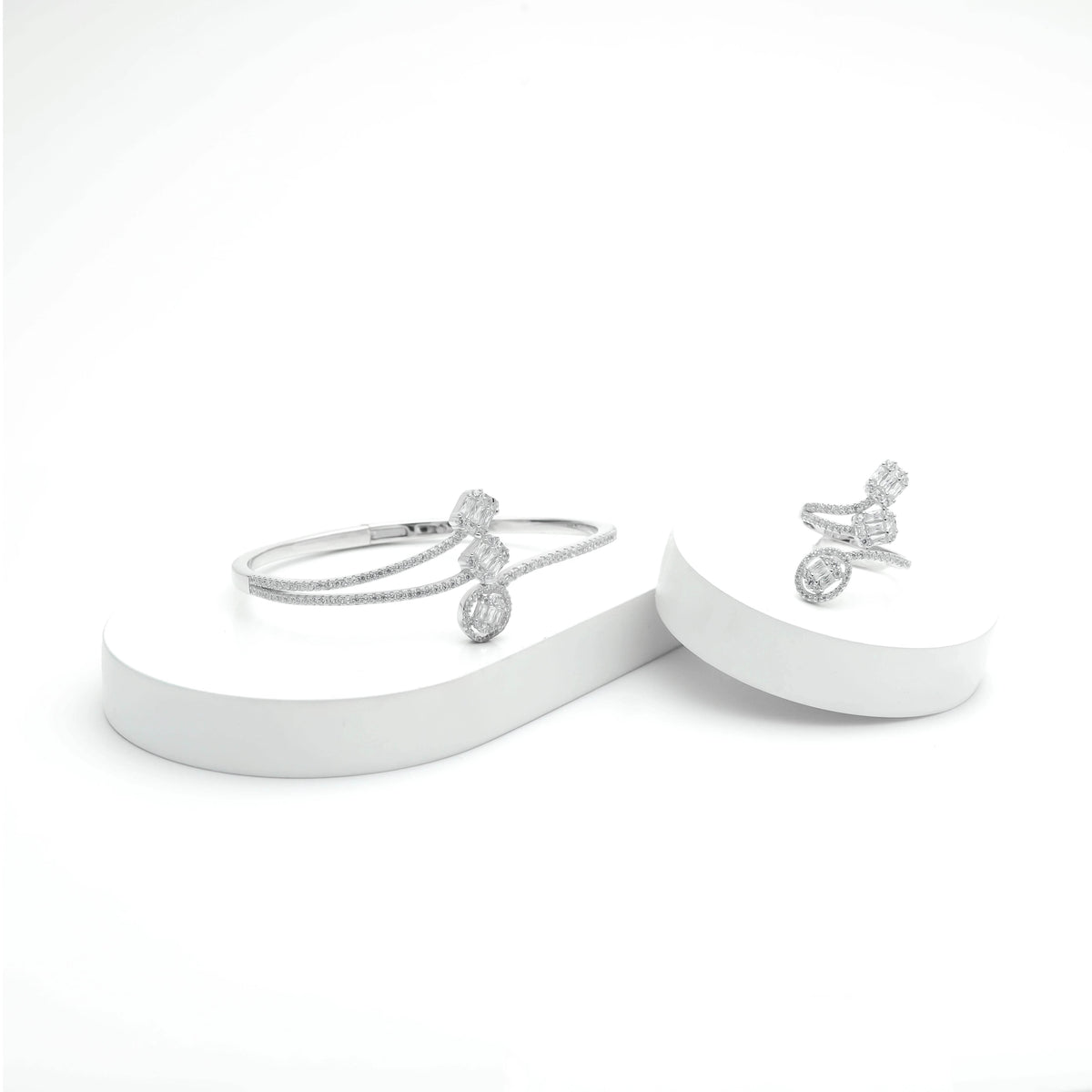 925 Silver Baguette Glow Bracelet & Ring Set - 925 sterling silver bracelet by Tassya Silver