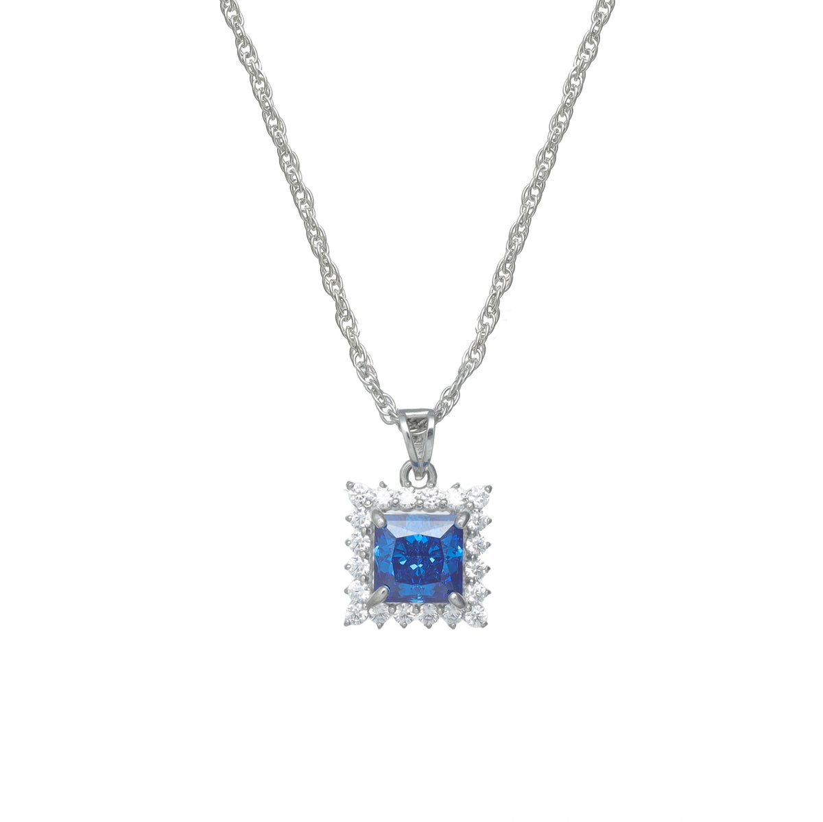 925 Silver Blue Emerald Square Halo Pendant - 925 sterling silver pendant by Tassya Silver
