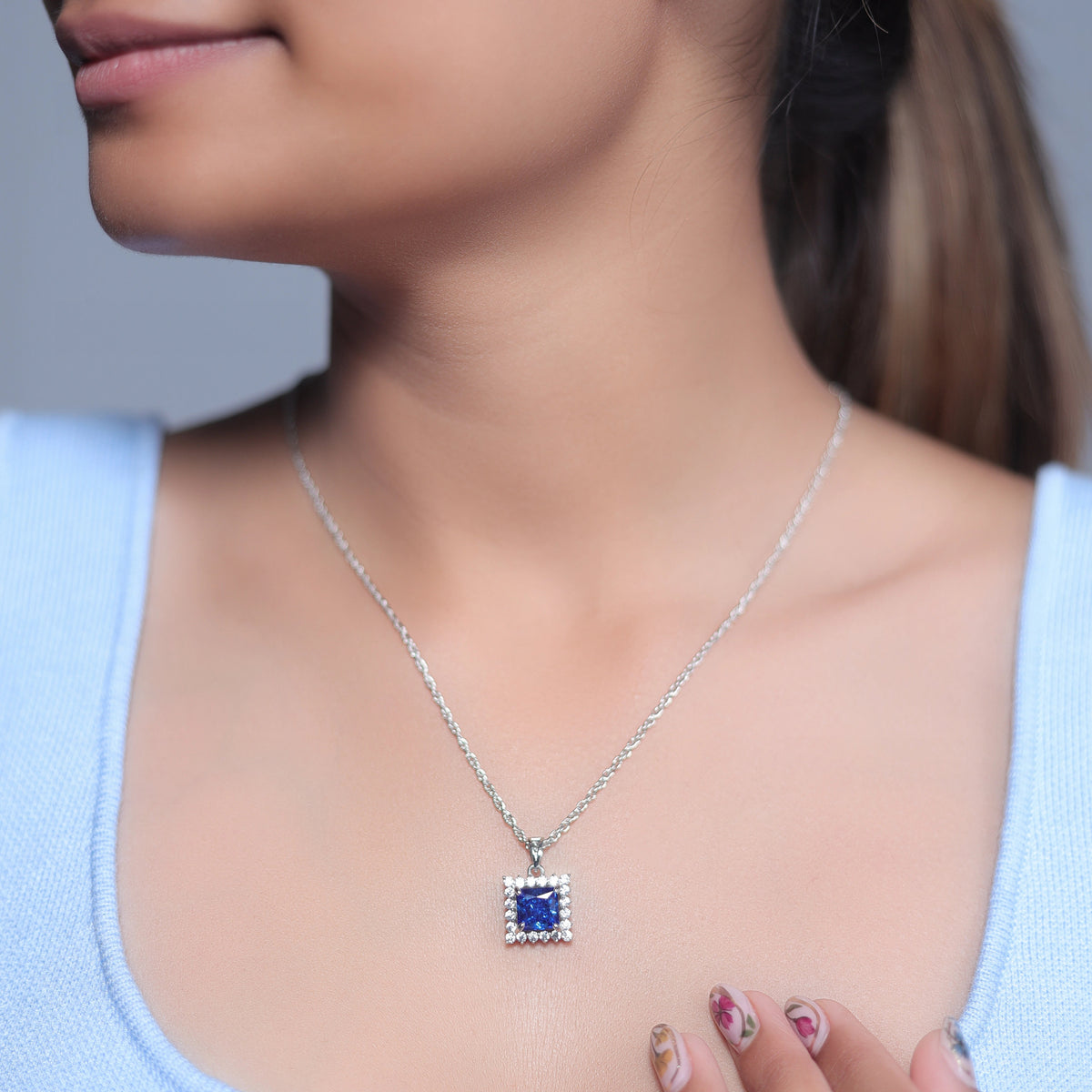 925 Silver Blue Emerald Square Halo Pendant - 925 sterling silver pendant by Tassya Silver