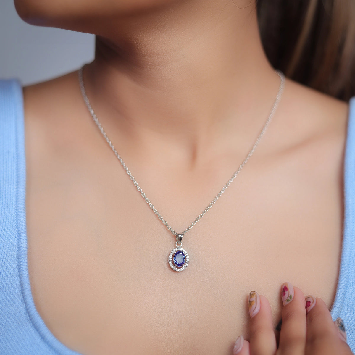 925 Silver Blue Midnight Halo Pendant - 925 sterling silver pendant by Tassya Silver