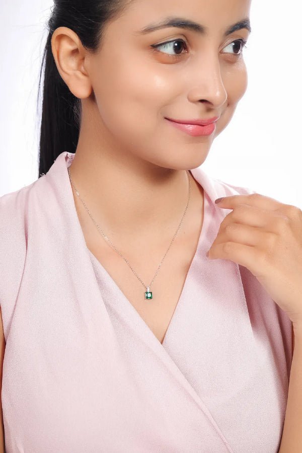 925 Silver Classic Emerald Solitaire Chain Pendant - 925 sterling silver pendant by Tassya Silver