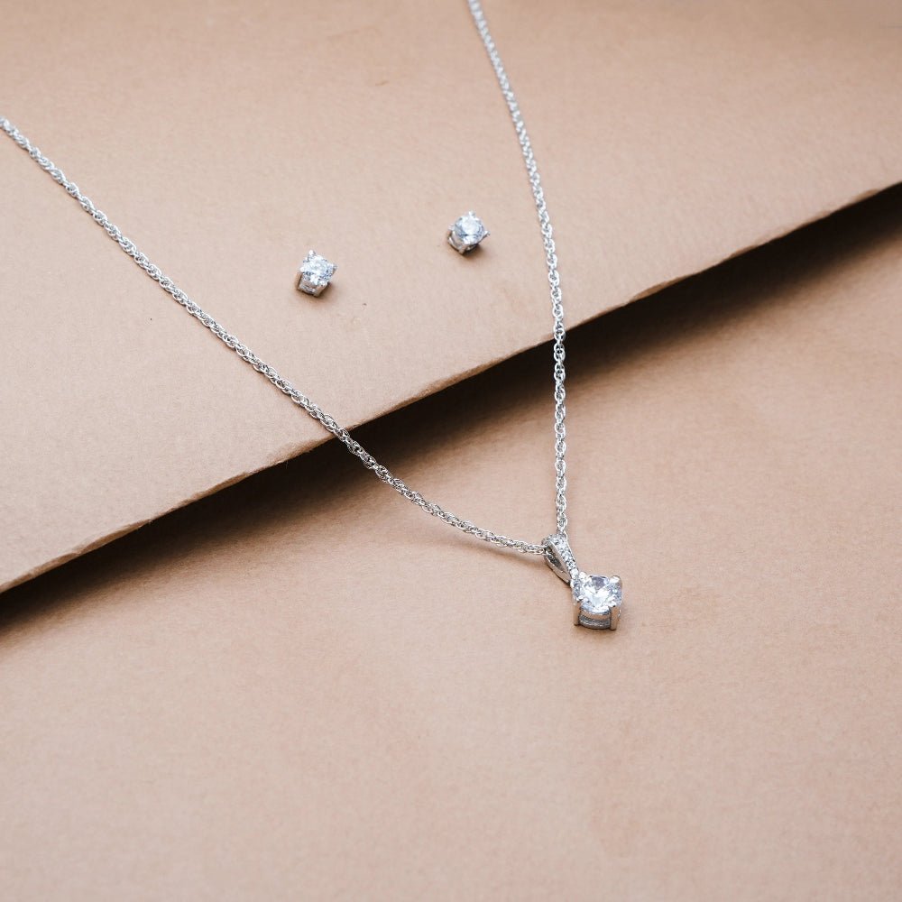 925 Silver Classic Solitaire Pendant & Studs Set - 925 sterling silver earrings by Tassya Silver