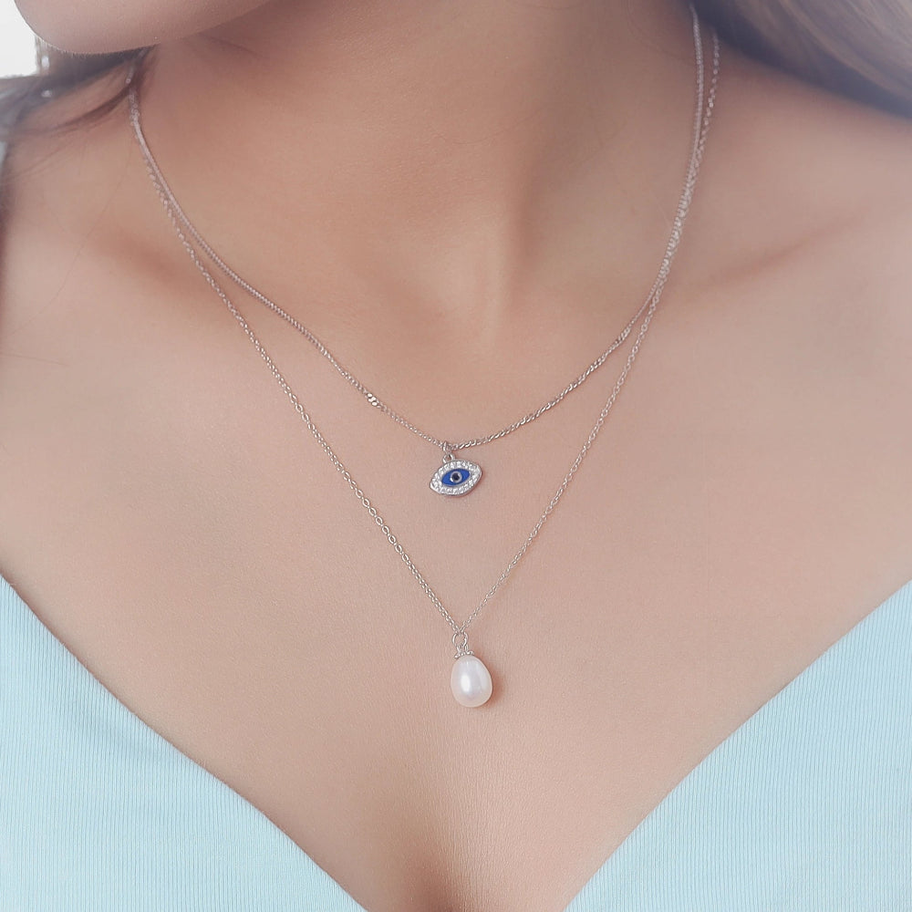 925 Silver Layered Evil Eye Pearl Pendant - 925 sterling silver pendant by Tassya Silver