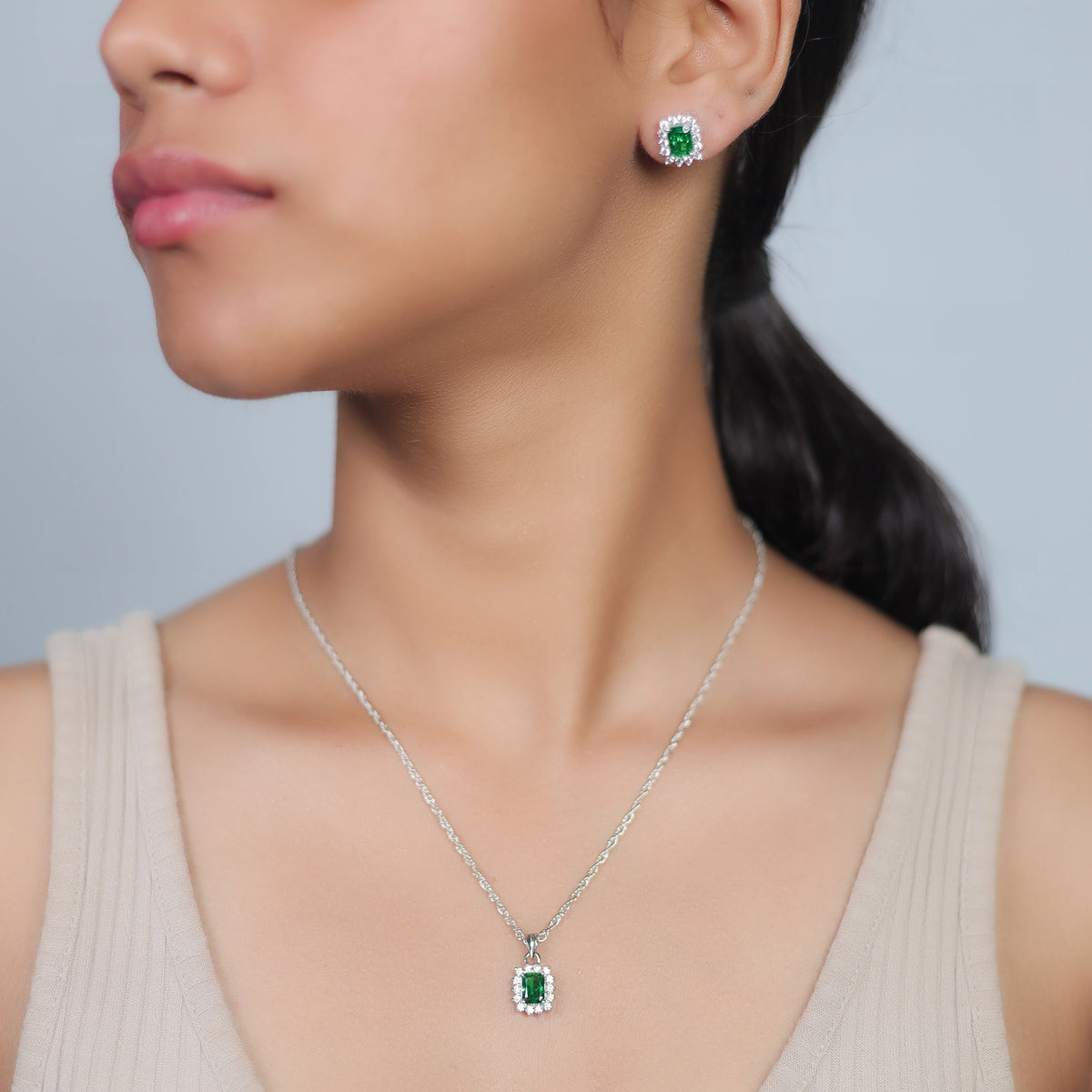 925 Silver Emerald Teardrop Halo Set - 925 sterling silver pendant by Tassya Silver