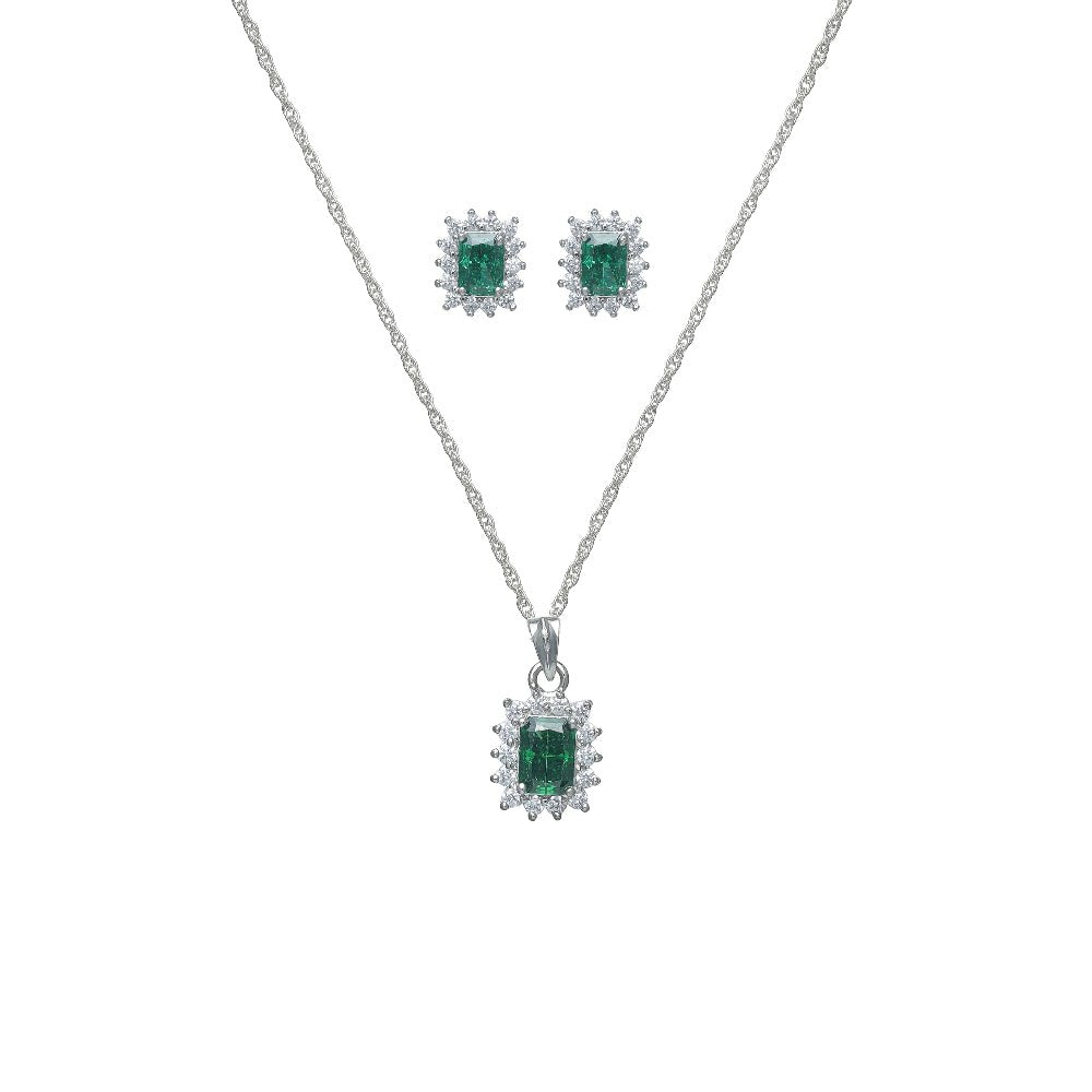 925 Silver Emerald Teardrop Halo Set - 925 sterling silver pendant by Tassya Silver