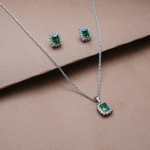 925 Silver Emerald Teardrop Halo Set