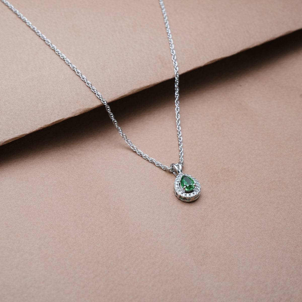 925 Silver Emerald Teardrop Halo Pendant - 925 sterling silver pendant by Tassya Silver