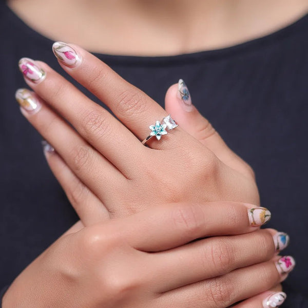 925 Silver Green Floral Charm Ring