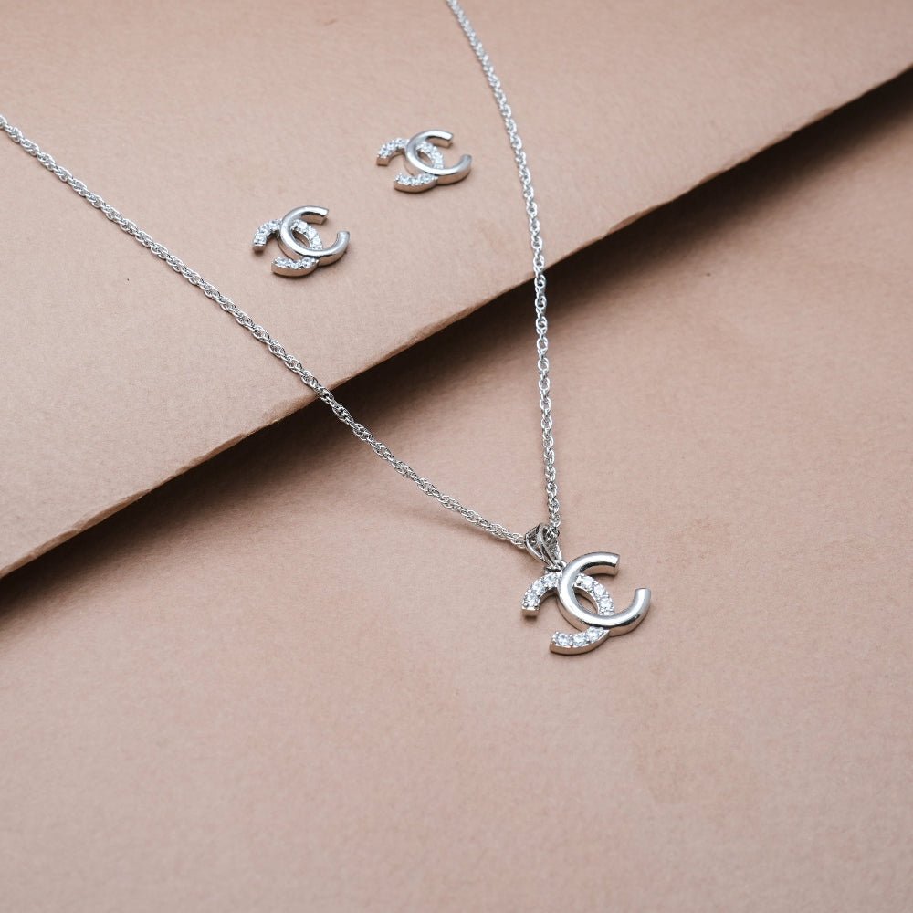 925 Silver Interlocking C Sparkle Pendant & Studs Set - 925 sterling silver earrings by Tassya Silver