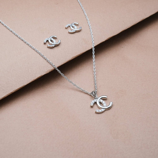 925 Silver Interlocking C Sparkle Pendant & Studs Set