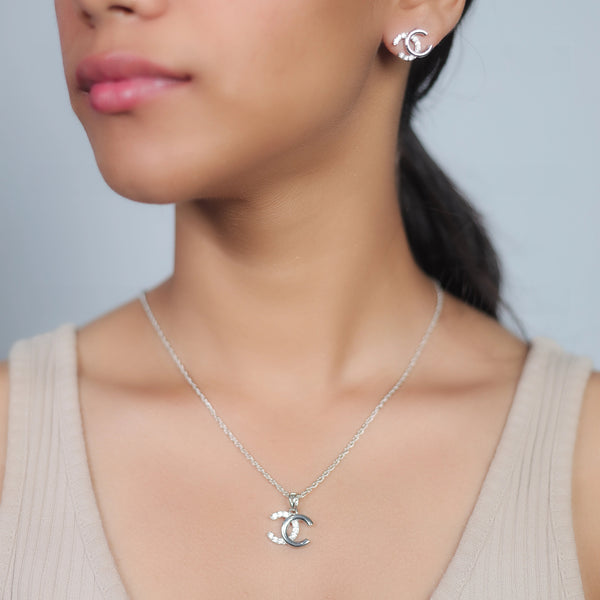 925 Silver Interlocking C Sparkle Pendant & Studs Set