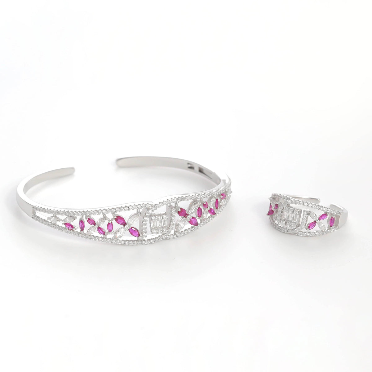 925 Silver Luxurious Pink Floral Bracelet with Ring Set - 925 sterling silver bracelet by Tassya Silver