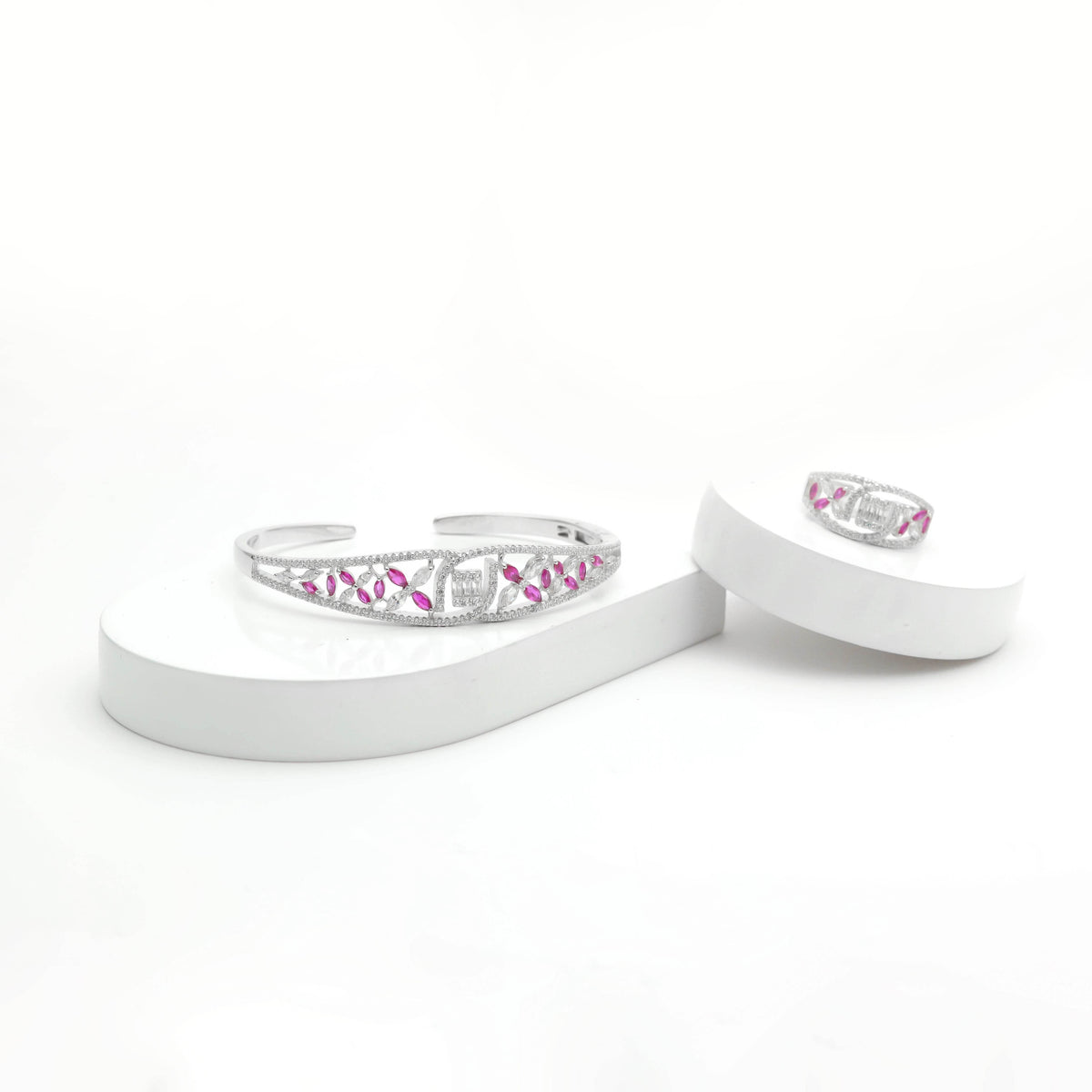 925 Silver Luxurious Pink Floral Bracelet with Ring Set - 925 sterling silver bracelet by Tassya Silver