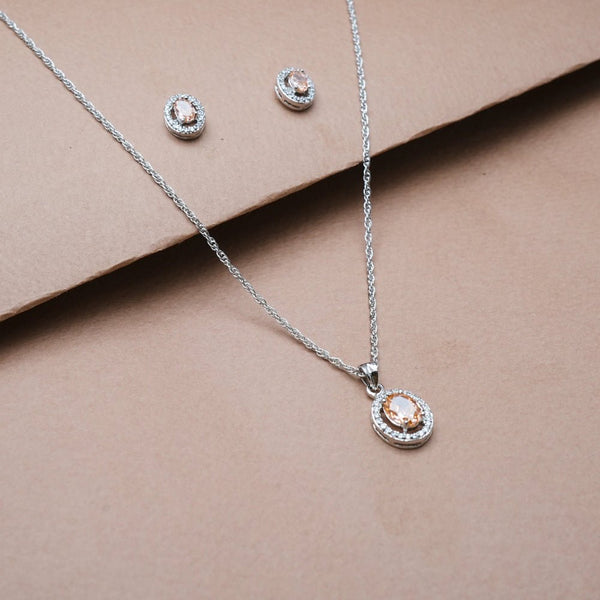 925 Silver Peach Oval Halo Pendant & Studs Set
