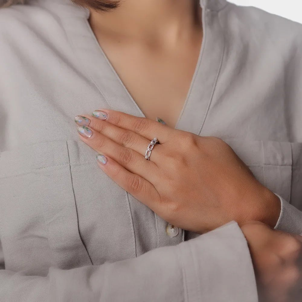925 Silver Pearl Chainlink Ring - 925 sterling silver ring by Tassya Silver
