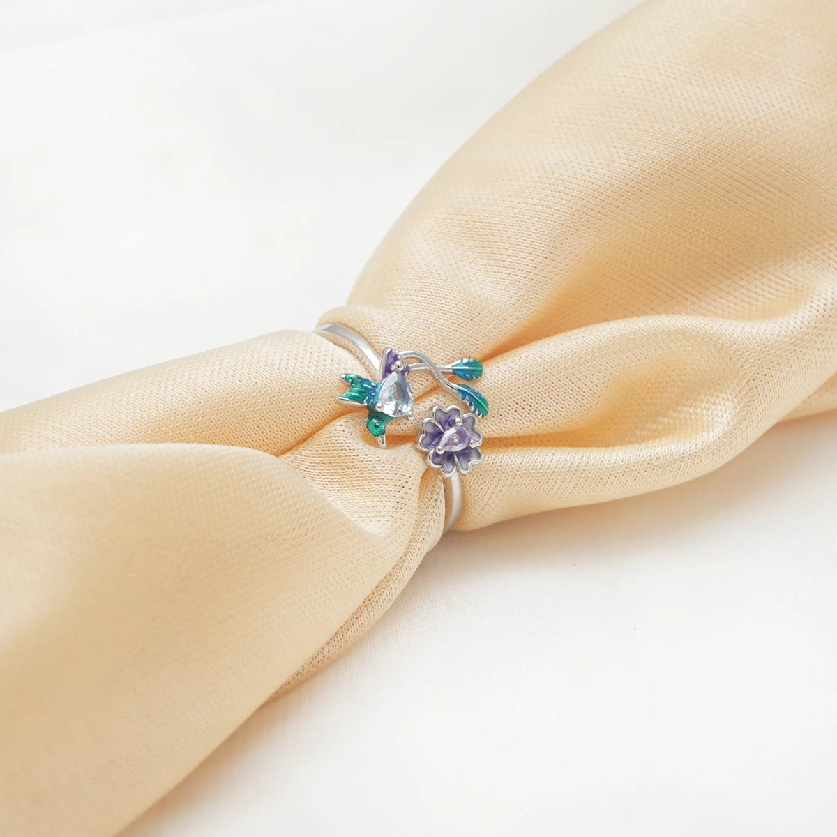 925 Silver Petal Hummingbird Floral Ring - 925 sterling silver ring by Tassya Silver