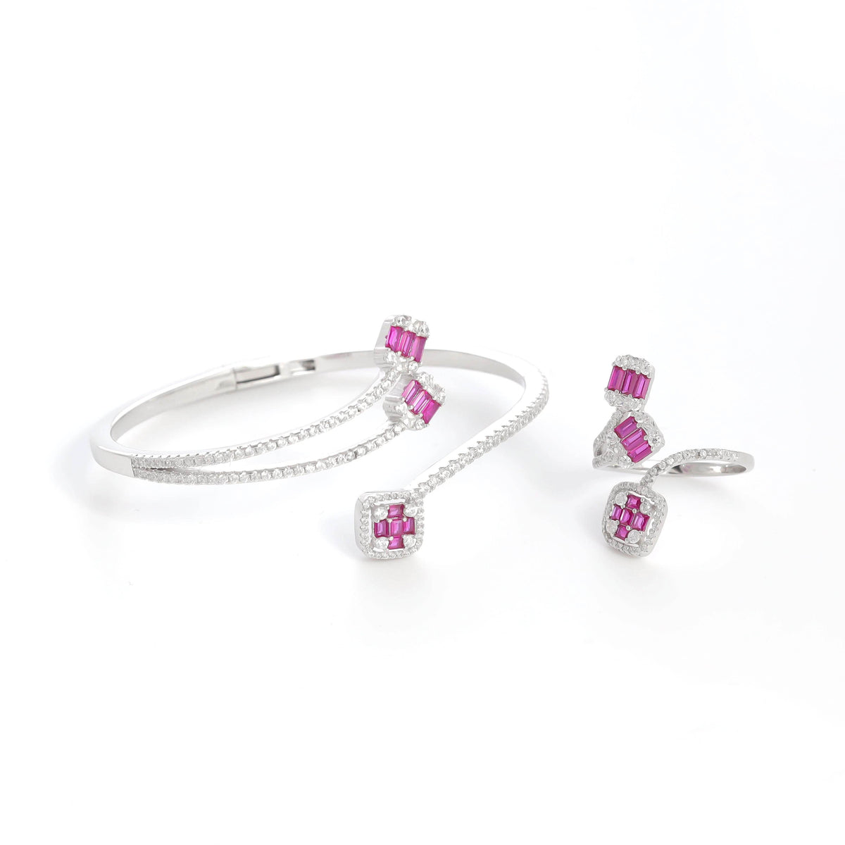 925 Silver Pink Diamond Twirling Grace Bracelet with Ring Set - 925 sterling silver bracelet by Tassya Silver
