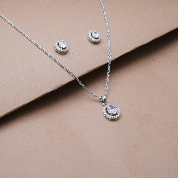 925 Silver Pink Oval Halo Pendant & Studs Set