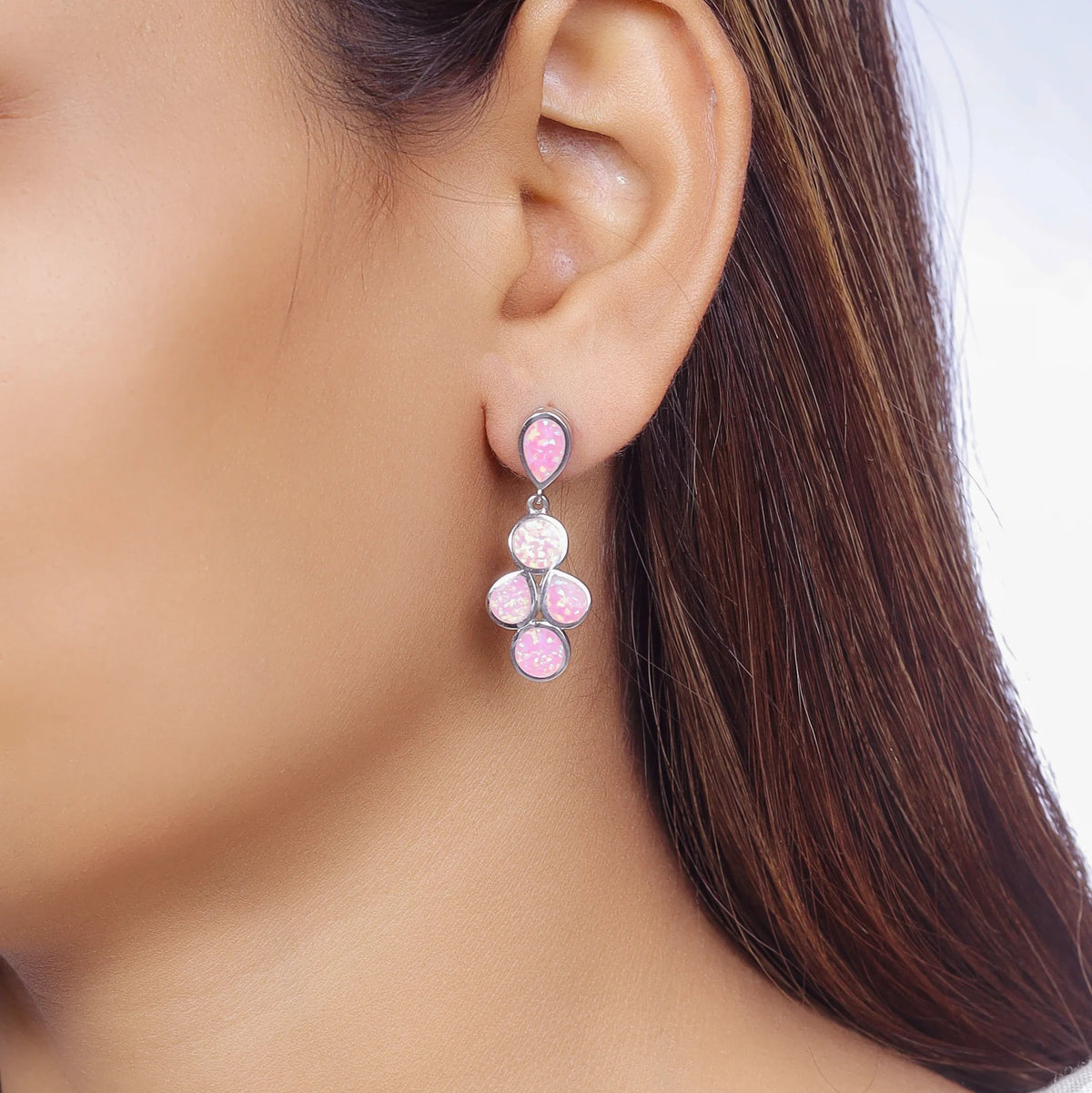 925 Silver Pink Pear & Round Opal Earrings - 925 sterling silver earrings by Tassya Silver