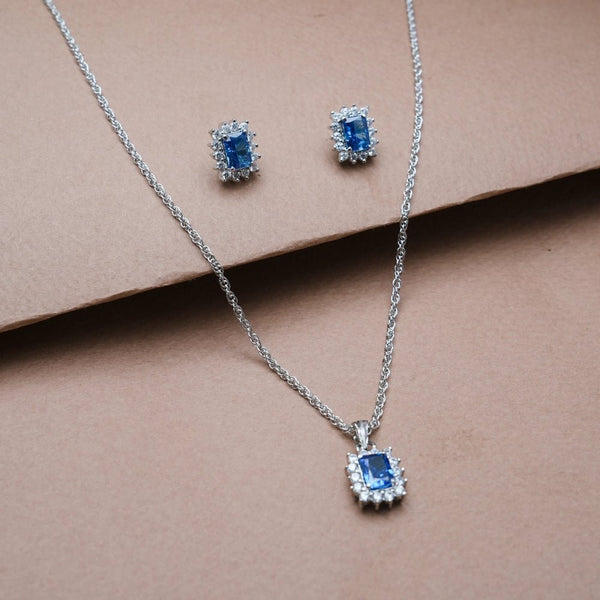 925 Silver Sapphire Radiant Cut Halo Set