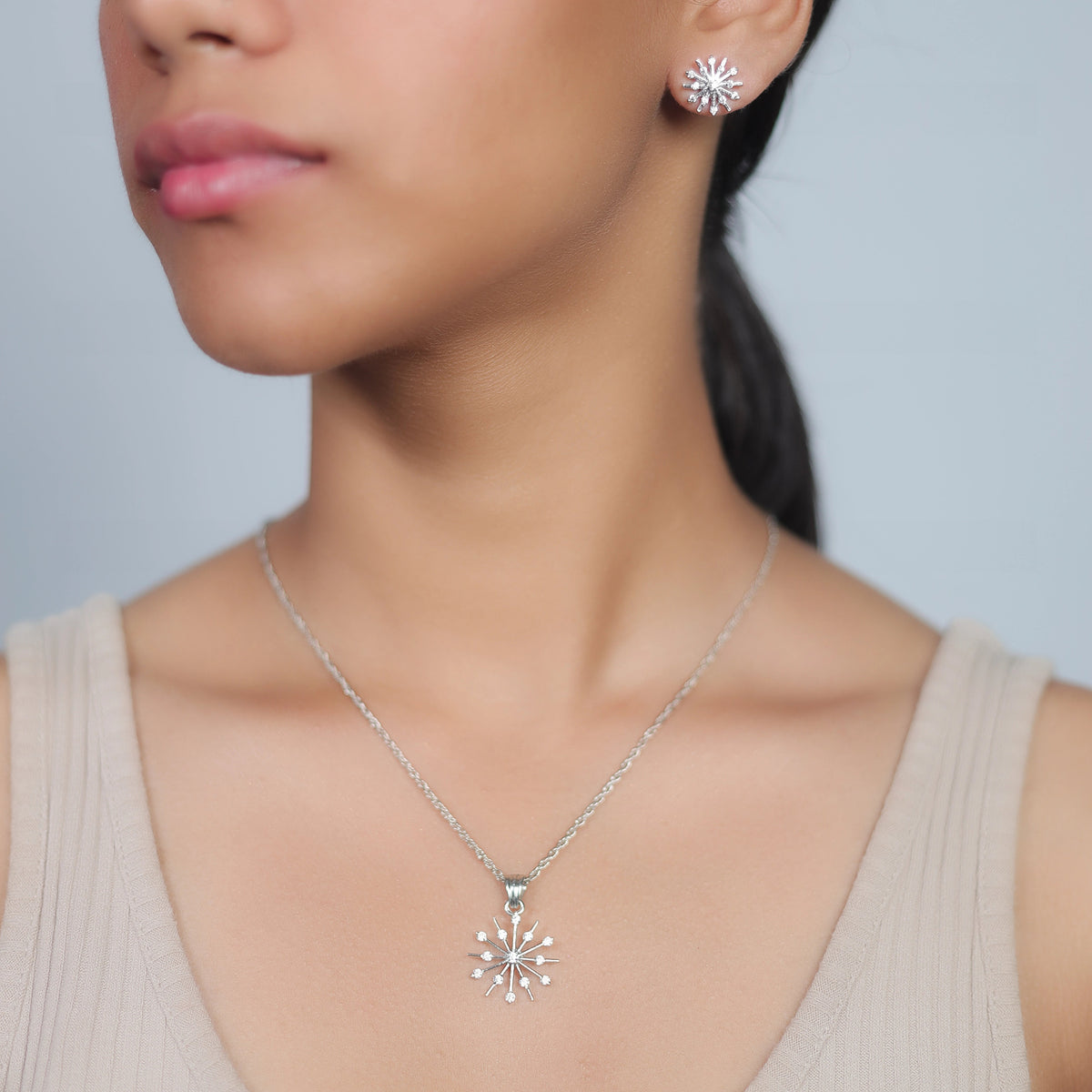 925 Silver Snowburst Pendant & Studs Set - 925 sterling silver earrings by Tassya Silver