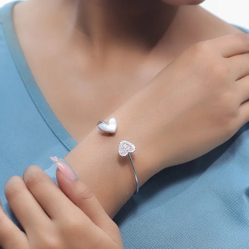 925 Silver Twin Hearts Open Cuff Kada - 925 sterling silver bracelet by Tassya Silver