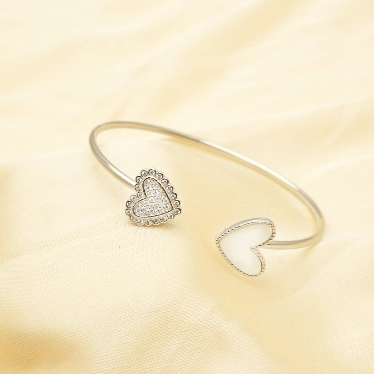 925 Silver Twin Hearts Open Cuff Kada - 925 sterling silver bracelet by Tassya Silver