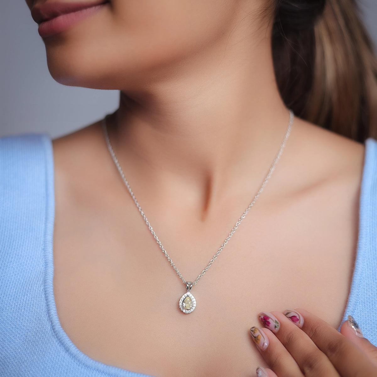925 Silver Yellow Teardrop Halo Pendant - 925 sterling silver pendant by Tassya Silver