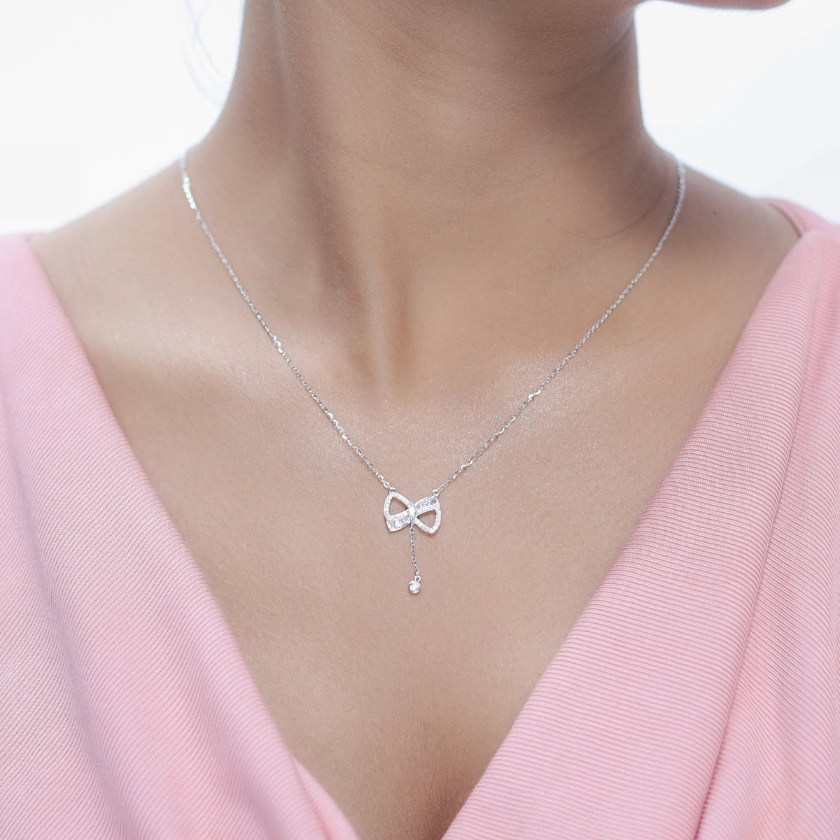 925 Silver Sparkling Bow Chain Pendant - 925 sterling silver pendant by Tassya Silver