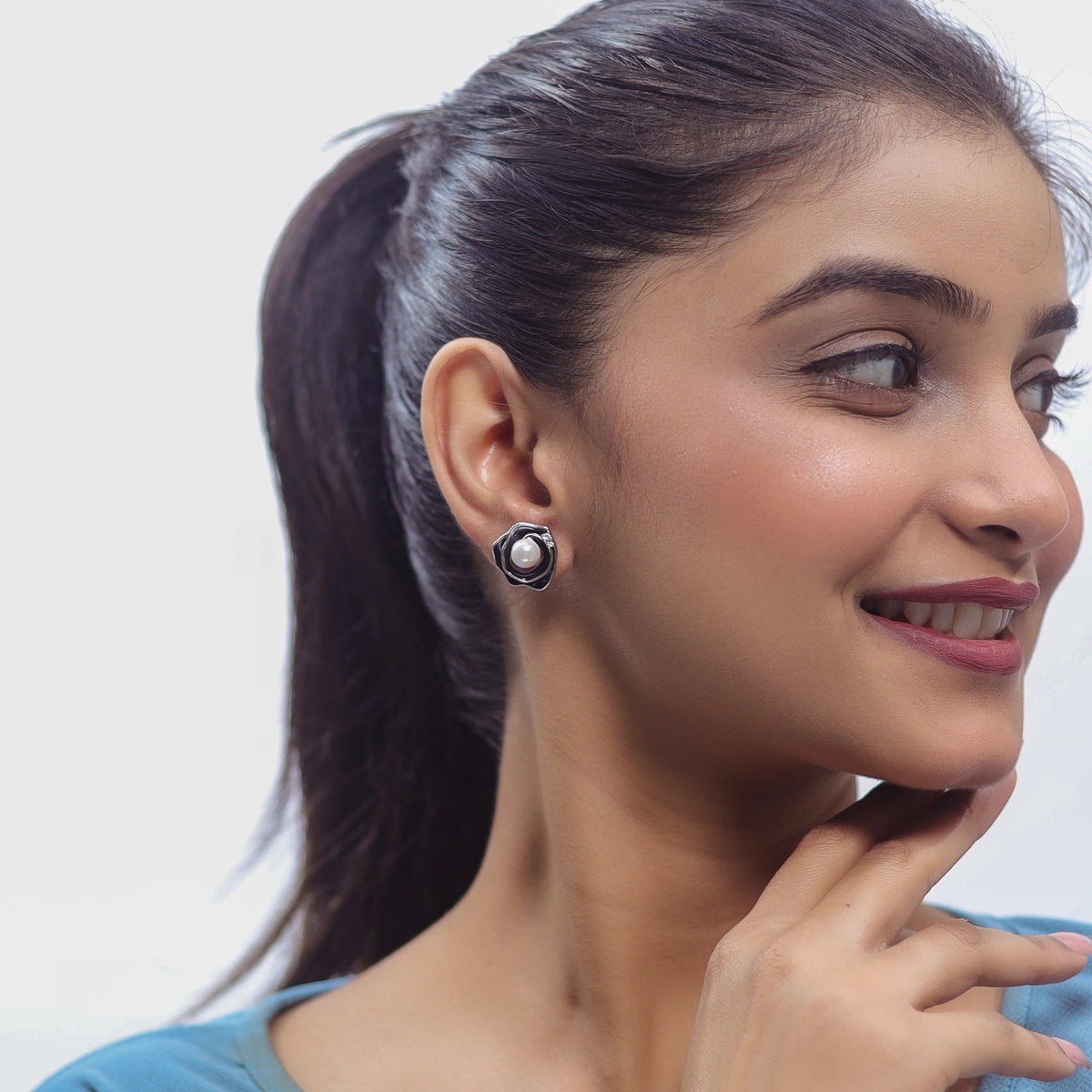 925 Silver Velvet Rose Pearl Studs - 925 sterling silver earrings by Tassya Silver