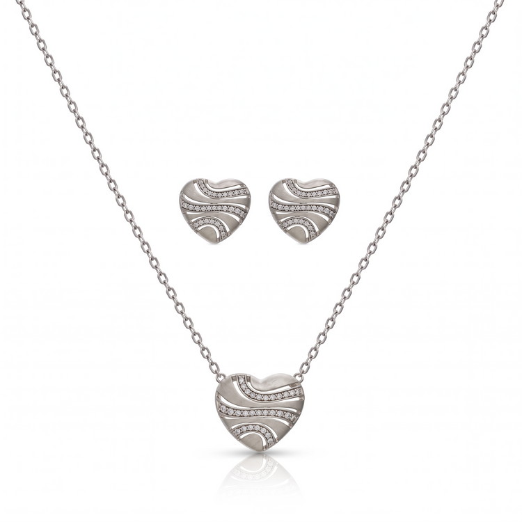 925 Silver Shimmering Heart Wave Pendant Set with Earrings