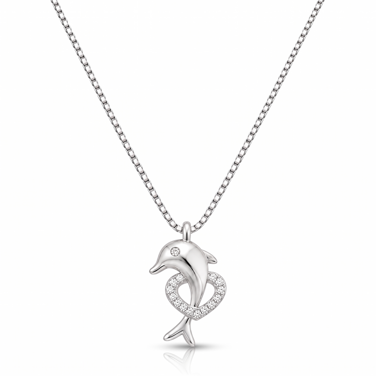 925 Silver Ocean Love Dolphin Heart Pendant with Chain