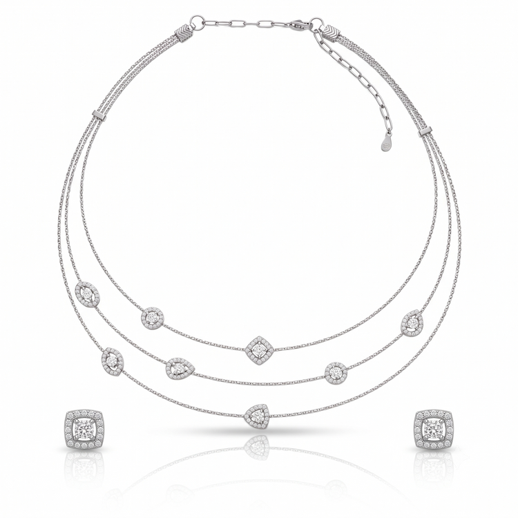 925 Silver Royal Halo Layered Necklace Set