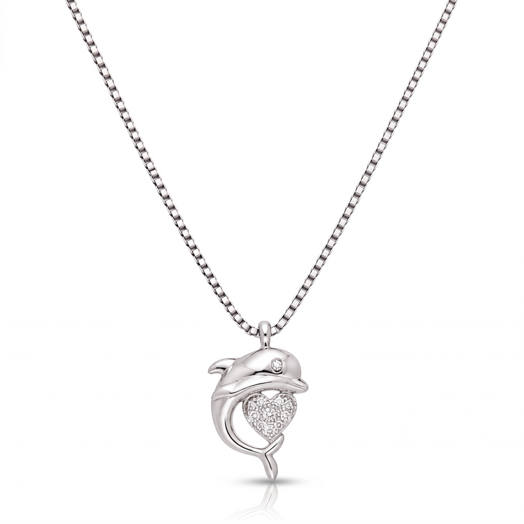925 Silver Dolphin Embrace Sparkling Heart Pendant with Chain