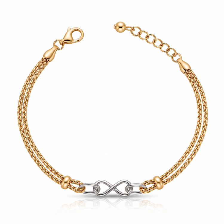 925 Silver Golden Eternity Infinity Double Chain Bracelet