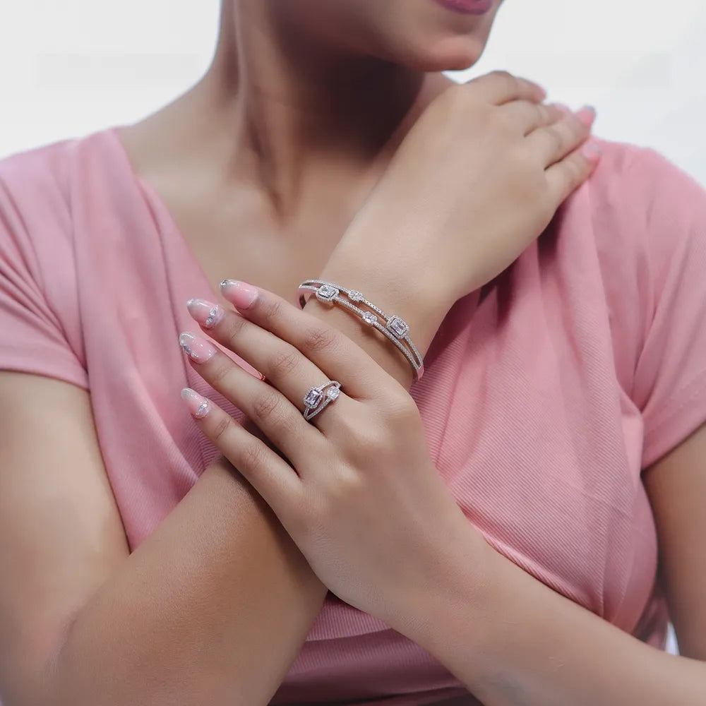 925 Silver Crystal Square Kada & Ring Set - 925 sterling silver bracelet by Tassya Silver