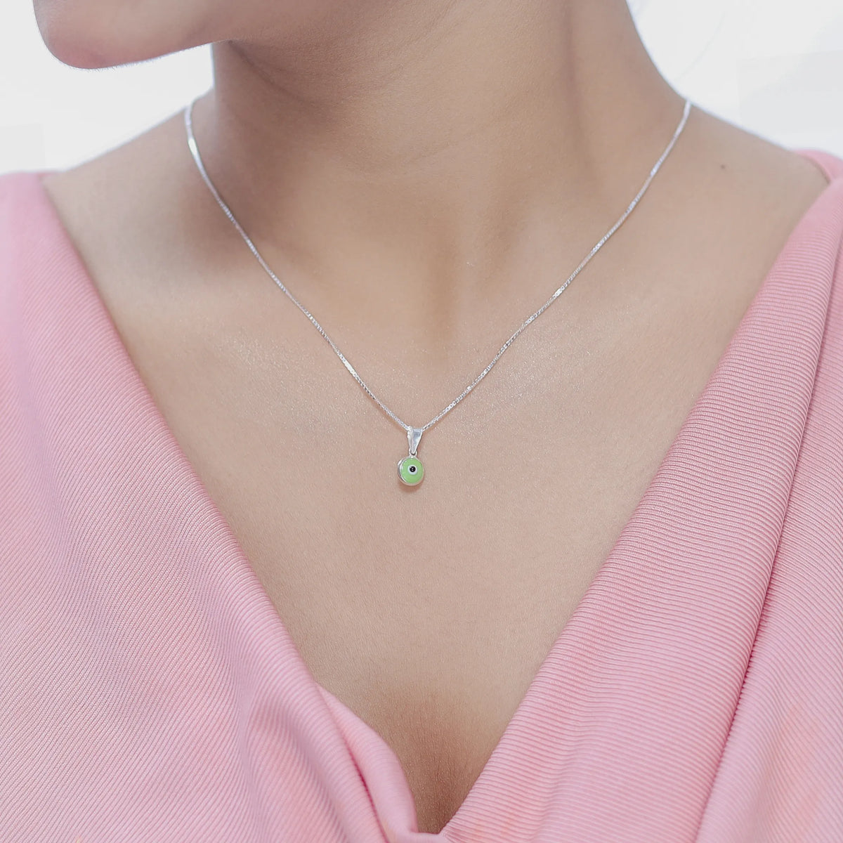 925 Silver Lucky Green Evil Eye Chain Pendant - 925 sterling silver pendant by Tassya Silver