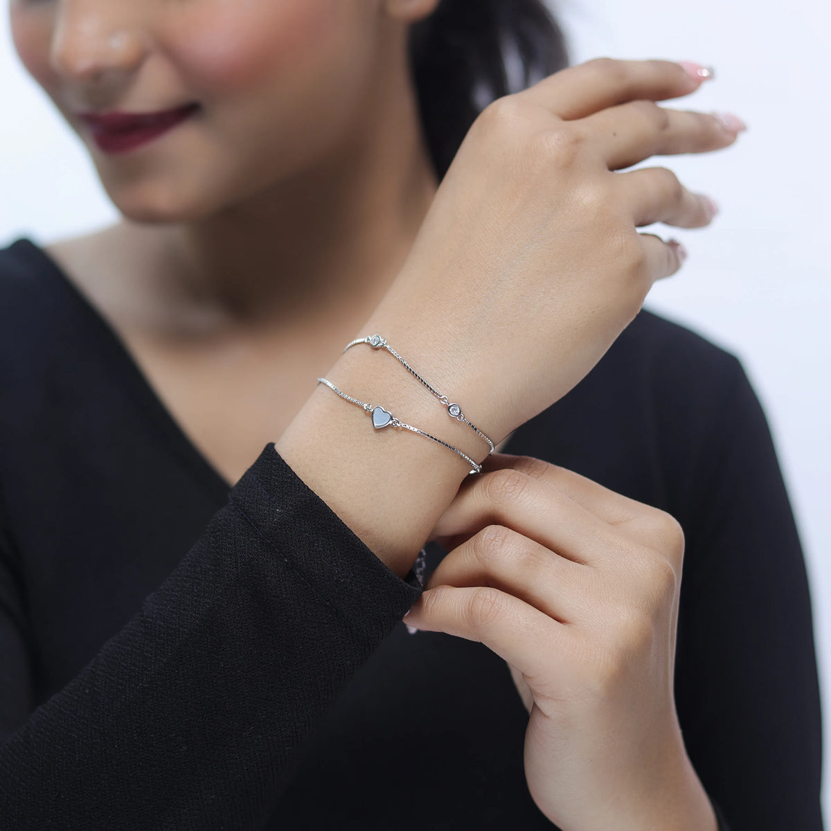 925 Silver Double Chain Heart Bracelet - 925 sterling silver bracelet by Tassya Silver