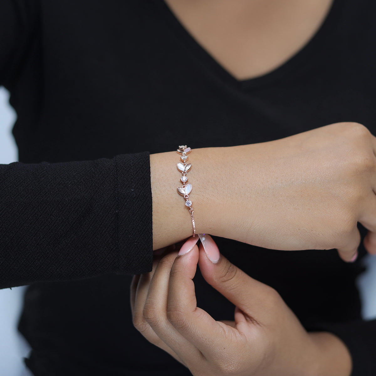 925 Silver Rose Gold Nature Bloom Crystal Bracelet - 925 sterling silver bracelet by Tassya Silver