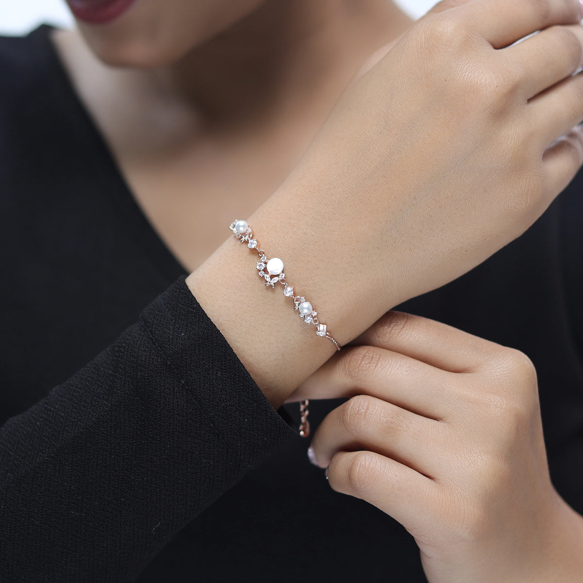 925 Silver Rose Gold Glow Pearl Charm Bracelet - 925 sterling silver bracelet by Tassya Silver